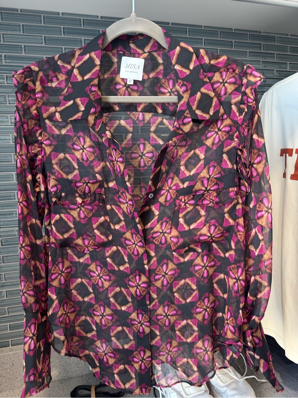 Sheer Floral Geometric Print Button-Front Blouse - Black & Pink